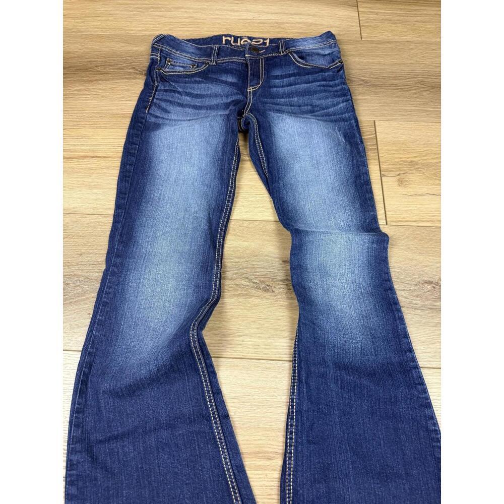 Rue21 Jeans Juniors 7/8 Blue Medium Wash Bootcut Stretch Embroidered Pockets - Picture 3 of 11